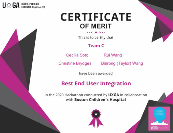 Certificate of Merit awarded to Team C by the User Experience Graduate Association (UXGA). Team members Cecilia Soto, Rui Wang, Christine Brydges, and Binrong (Taylor) Wang are recognized for 'Best End User Integration' in the 2020 Hackathon conducted by UXGA in collaboration with Boston Children's Hospital. The certificate features a pink and black geometric design.