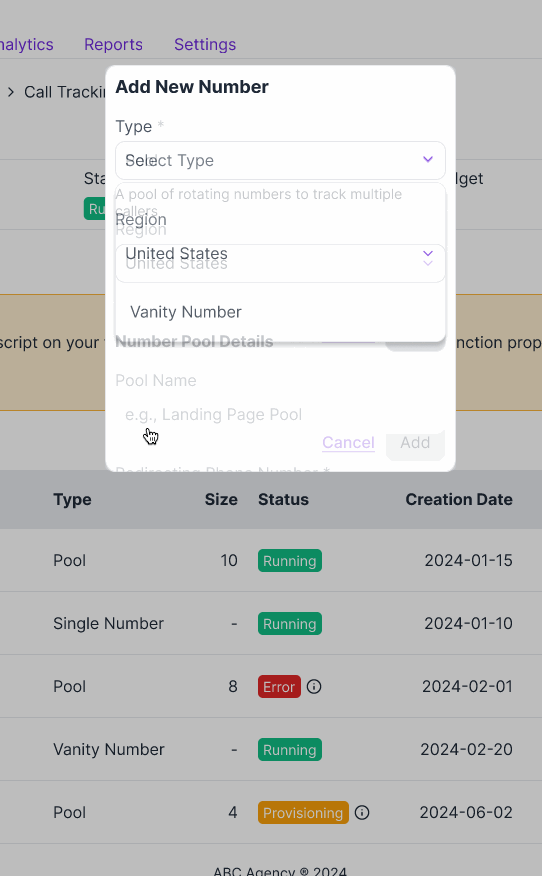 Screenshot of the 'Add New Number' modal showing a dropdown selection for type with options like pool, single number, and vanity number. The background displays a table of phone tracking data with status indicators