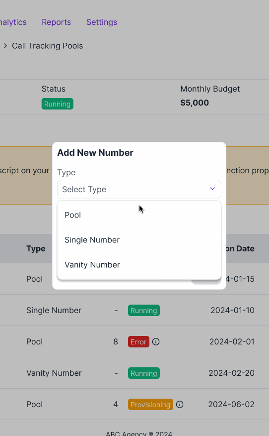 Modal for adding a new number showing a dropdown to select type, overlaid on a backend dashboard with a table listing call tracking pools, sizes, and status