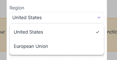 Dropdown menu displaying region options with 'United States' selected and 'European Union' as another option