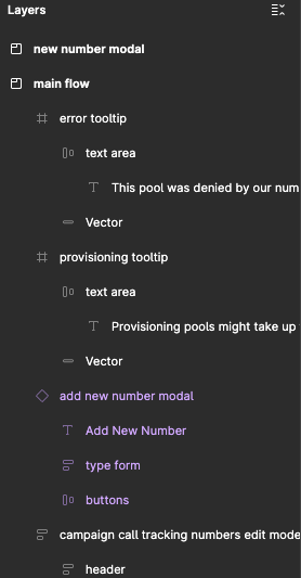 Figma interface showing the layers panel with expandable items like 'new number modal' and 'main flow', including error and provisioning tooltips