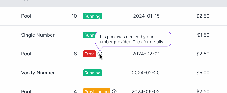 Tooltip in the interface displaying an error message for a pool entry, stating 'This pool was denied by our number provider. Click for details'. Highlighted in purple next to a red error status indicator